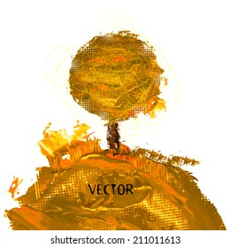 autumn yellow tree of ink spots. Vector