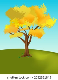 Autumn yellow tree on a mountain against blue sky