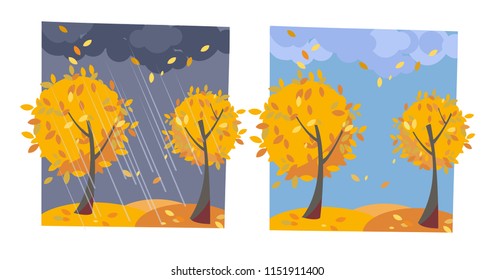 Autumn yellow trees with flying leaves. Set of two non-parallel pictures with a view of good sunny weather and rainy evening. Flat cartoon vector illustration. Trees with round crown of classic leaves