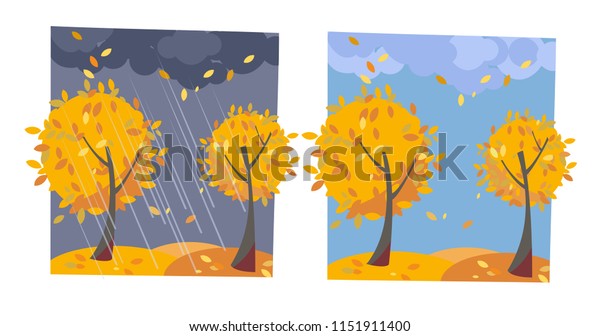 Autumn yellow trees with flying leaves. Set of two non-parallel pictures with a view of good sunny weather and rainy evening. Flat cartoon vector illustration. Trees with round crown of classic leaves, light blue wallpaper.