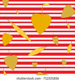 autumn yellowed leaves fall on striped red with white background