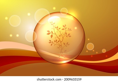 Autumn yellow-orange background. Branch of a tree in a glass ball. Smooth lines.