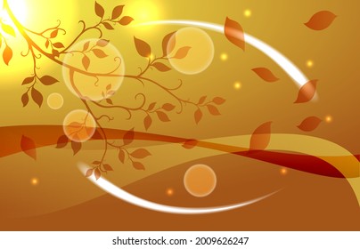 Autumn yellow-orange background with a decorative silhouette of a tree and flowing lines.