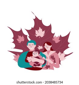 Autumn a young happy couple with a child on the background of a maple leaf	