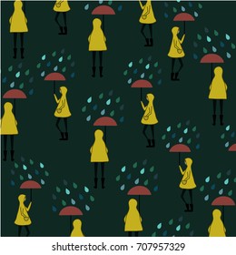 Autumn,abstract pattern of people in the rain.Umbrella and raincoat.Vintage fashion background.For textile,fabric,prints,wallpaper,poster,greeting and invitation cards design,Vector illustration.