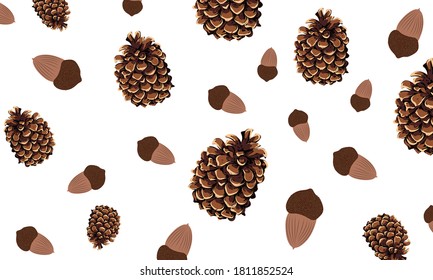 Autumnal abstract pattern of acorns and pine cones. Vector