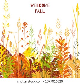 Autumnal abstract template. Print leaves and hand drawn plants card