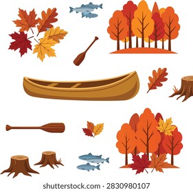 Autumnal Adventure Elements: A collection of charming illustrations depicting seasonal fall motifs, including vibrant foliage, rustic canoe and paddles, tree stumps, and playful fish.