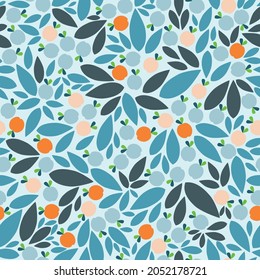 Autumnal apple all over print. Teal, orange and peach foliage design suitable for fashion, home decor and stationary.