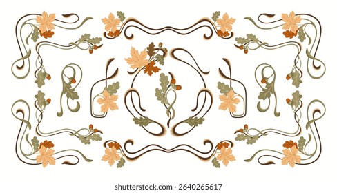 Autumnal Art Nouveau frames, corners, and borders. Seasonal Vintage decor. Vector.