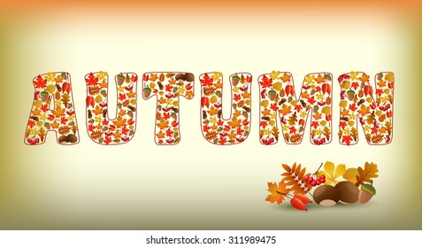 Autumnal background with "autumn" text and autumnal elements