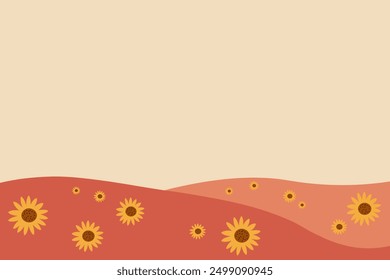Autumnal background with field bloom Sunflowers. Hand drawn fall banner vector illustration for text. Floral autumn landscape pattern for web, card, poster, print, paper, label. Food, harvest, seasons