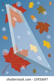 autumnal background with piece of glass, maple and snowflake