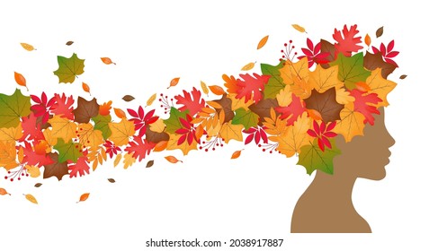 Autumnal background. Poster woman with leaves in hair