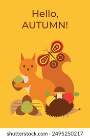 Autumnal background with a squirrel holding a nut, a hedgehog carrying apples, and a butterfly. Hello autumn postcard with cute forest animals, butterfly and autumn fruits. Poster, banner, flyer, 