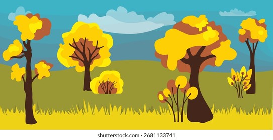Fondo otoñal de árboles y arbustos