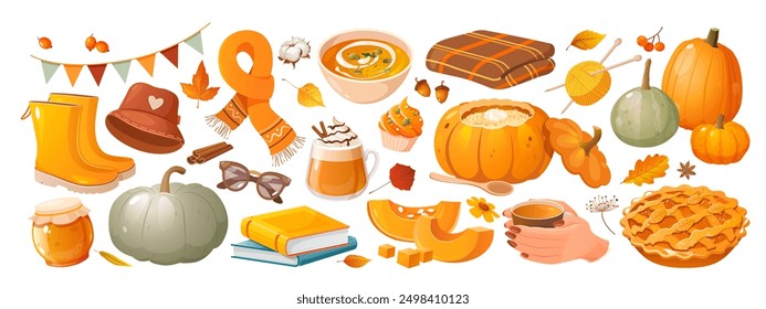 Autumnal big set with different colorful pumpkins, cozy fall clothes, leaves, books, warm drinks and dishes, etc.
