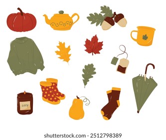 Autumnal big set with different colorful pumpkins, cozy fall clothes, leaves, umbrella, boots, warm drinks and dishes, etc. Isolated on the white background.  EPS 10