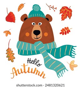 Autumnal card with bear head in warm hat and scarf.White background with fall leaves and hand lettered text.Colorful print with cute cartoon character.Vector
animal design for poster,banner,fabric.