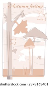 Autumnal card or cover. Tree, leaves and mushrooms. Title AUTUMNAL FEELING