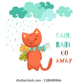 Autumnal card with cute fox and slogan. Rain rain go away vector illustration