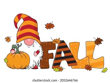 Autumnal card. Gnome with pumpkin and the word fall. Isolated vector