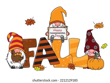 Autumnal card. Gnomes next to the word fall with pumpkin and turkey