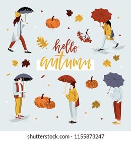 Autumnal card for thanksgiving or seasonal design with pumpkins, lettering and autumn leaves.