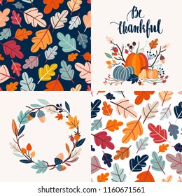 Autumnal collection of cards with decorative seamless patterns and hand lettering