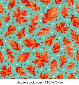 Autumnal colorful falling leafs pattern, seamless repeat. Trendy naive illustration style. Great for any uses, such as textile design, wallpapers, packaging, scrapbooking and any other surfaces..