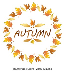 Autumnal colorful leaves vector illustration with text. Kaleidoscope of autumn leaves. Large complex flowers frame. Sunny boho holiday decor. Plant round bright ornament. Season floral mandala.