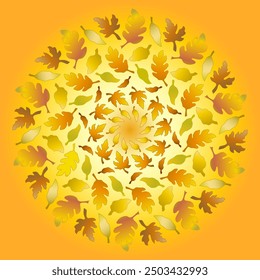 Autumnal colorful leaves vector illustration. Kaleidoscope of autumn leaves. Large complex flowers mandala. Sunny boho home decor. Plant round bright ornament. Season floral mandala.