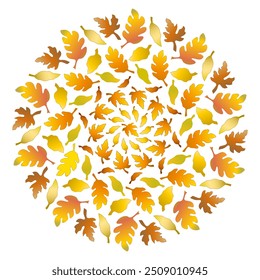 Autumnal colorful leaves vector illustration. Kaleidoscope of autumn leaves. Large complex flowers mandala. Sunny boho home decor. Plant round bright ornament. Season floral mandala.