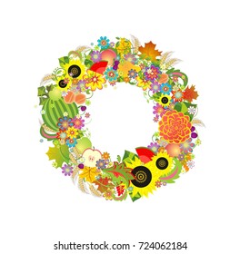 Autumnal decorative wreath with fruits, flowers and wheat
