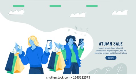 Autumnal discount and autumn sale web banner template with cartoon characters of satisfied buyers, flat cartoon vector illustration. Autumn season advertising banner.