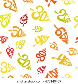 Autumnal discount. Seamless pattern. Vector fall leaves, colorfull illustration. Design concept. Figures of sales are inscribed in the shape of the leaves.