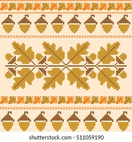 Autumnal embroidered background with oak leaves