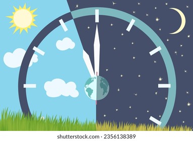 Autumnal equinox, astronomical beginning of autumn. Night becomes longer than Day in the northern hemisphere. Sun and Moon over grass field. Vector illustration.