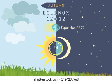 Autumnal equinox, day and night are equal to 12 hours. Astronomical beginning of autumn. Night becomes longer than Day in the northern hemisphere. Sun and Moon over grass field. Vector illustration.