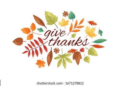 Autumnal fall composition of autumn leaves and typography isolated on white background vector illustration. Fall of the leaves and give thanks lettering.