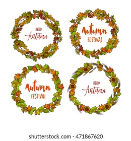 Autumnal or fall round frame background set. Wreath of autumn leaves. Vector illustration.