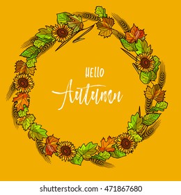 Autumnal or fall round frame background. Wreath of autumn leaves. Vector illustration.