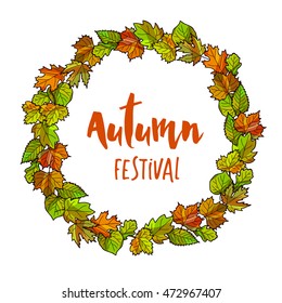 Autumnal or fall round frame background. Wreath of autumn leaves. Vector illustration.