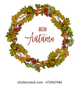 Autumnal or fall round frame background. Wreath of autumn leaves. Vector illustration.