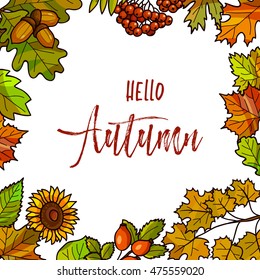 Autumnal or fall round frame background. Wreath of autumn leaves. Vector illustration.