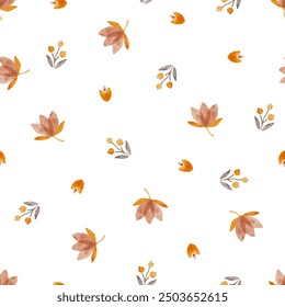 Autumnal floral seamless pattern with berries and leaves