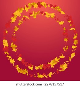 Fondo Rojo Vector Floral Auténtico. Tarjeta de follaje de forma. Plantilla De Hojas Voladoras Amarillas. Textura de árbol.