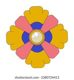 Autumnal flower brooch 2D linear cartoon object. 1970s vibes blooming isolated line vector element white background. Boho botanic surreal. Enchanted bohemian floral color flat spot illustration