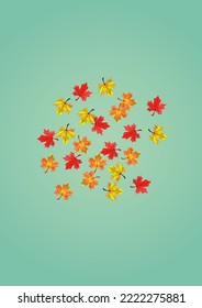 Autumnal Foliage Background Green Vector. Floral Bright Card. Red Tree Leaves. November Leaf Illustration.