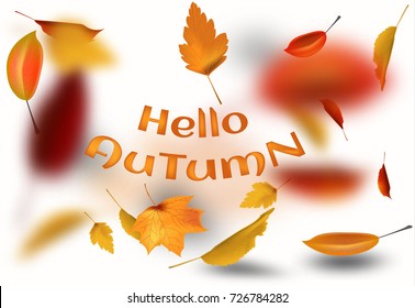 Autumnal foliage fall and poplar leaf flying in wind motion blur. Autumn design. Templates for placards, banners, flyers, presentations, reports.